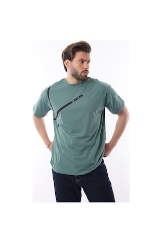 Madmext Yeşil Bisiklet Yaka Şerit Detaylı Pamuklu Erkek T-shirt E7033 Yeşil