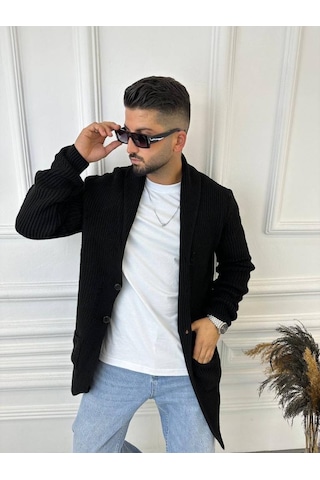 Elku Moda Hırka Örgülü Şal Yaka Cepli Lazer Kesim Yırtık Detaylı Tüylenmez Örgü Triko Hırka Siyah