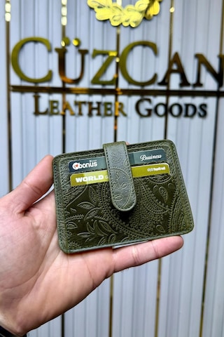 Cüzcan Jorvik Patlı Hakiki Deri Premium Kartlık Kişiye Özel İsim Baskılı Yeşil Motifli