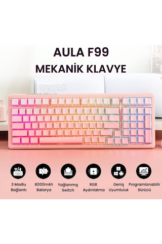 Aula F99 Mekanik Rgb Dream Sakura Switch 3 Modlu Kablosuz Makrolu Hot Swap Klavye Gradyan Pembe