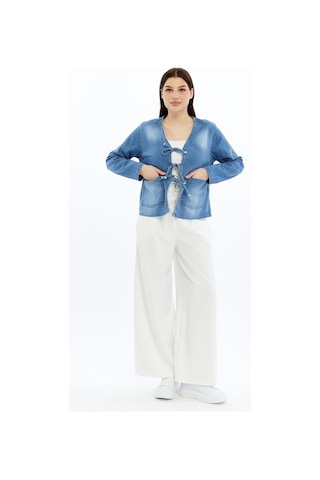 Selectmoda Kadın Denim V Yaka Önden Cepli Bağlama Detaylı Ceket/hırka Mavi