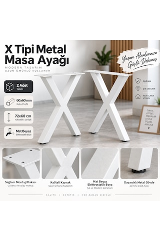 Evkolleksiyon X Tipi Metal Masa Ayağı 2 Li Takım 72x60 Cm 60x60 Profil Beyaz