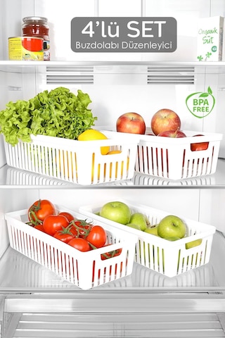 4 Adet Buzdolabı Düzenleyici Sepet - Dolap İçi Meyve Sebze Düzenleyici Organizer Saklama Kabı Beyaz