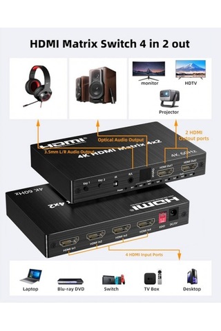 Hdmı Matrix 4k 60hz 4x2 4 Giriş 2 Çıkış Uzaktan Kumandalı Hdmı Matrix