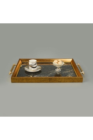Evidea Kitchen Mermer Desenli Akrilik Tepsi - Siyah / Sarı - 49 Cm Siyah / Sarı
