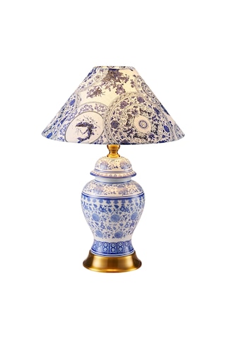 Sanwi Blue Blanc Desenli Seramik Oturma Odası Salon Abajur Lacivert