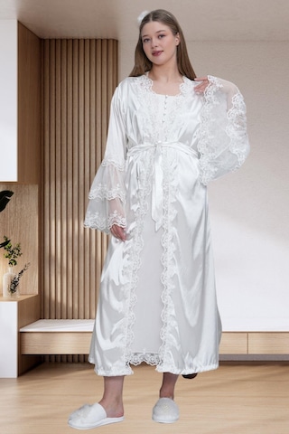 Mecit 6301 Ekru Hamile Lohusa Dantelli Sabahlık Gecelik Takım