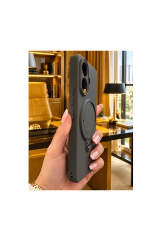 Poco X8 Pro İle Uyumlu 360 Derece Dönebilen Kalın Metal Magsafe Halka Stantlı İçi Kadife Korumalı Ultra Lüx Premium Silikon Kılıf Koyu Gri