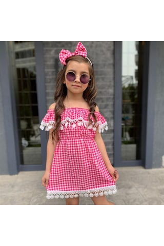 Kız Çocuk Güpürlü Ekose Elbise (554875160) Beyaz - Kırmızı