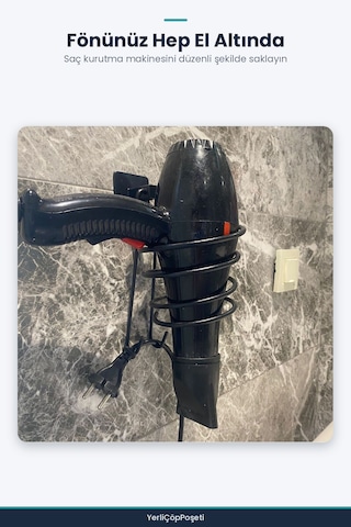 Kendiliğinden Yapışkanlı Siyah Paslanmaz Metal Fön Makinesi Askısı Saç K