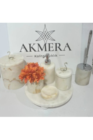 Sarı Tonlu Mermer Top Ayaklı Gerçek Mermer 7 Parça Ultra Lüks Banyo Seti beyaz