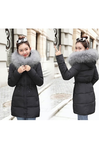 Kışlık Yaka Kürklü Orta Boy Kadın Şişme Mont Siyah