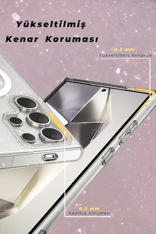 Samsung Galaxy S23 Ultra Uyumlu Renkli Magneticsafe Parlayan Simli A+ Kalite Silikon Kapak - Siyah