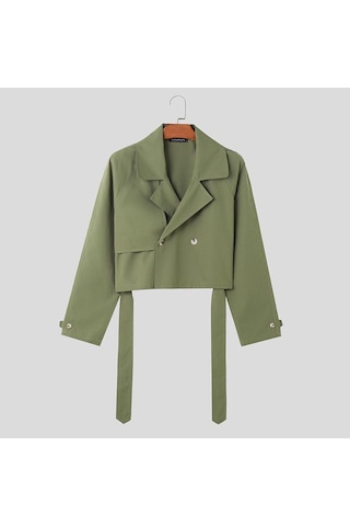 Incerun Erkek Düz Renk Kırpılmış Rahat Yaka Rüzgarlık Mont Ceketler Yeşil