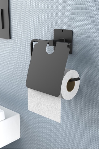 Karteya Yapışkanlı Kapaklı Siyah Tuvalet Kağıdı Tutacağı/tuvalet Wc Kağıtlık Siyah