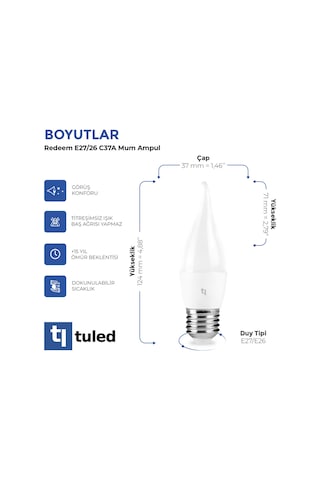 Redeem C37a E14 Mum Ampul, Titreşimsiz, Göz Konforu, 528 Lümen, Beyazı, 5000 Kelvin