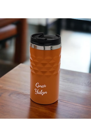 Kişiye Özel Baskılı Geometrik Desenli Turuncu Renk Termos Bardak 300ml