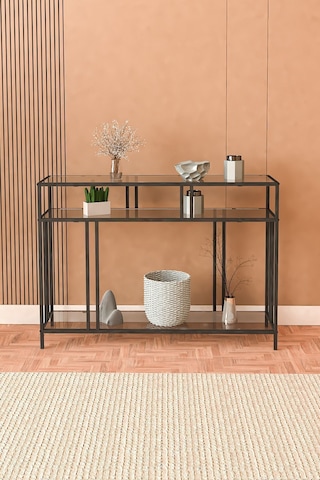 Venedik 100cm Dresuar Kahve Köşesi Dekoratif Raflı Konsol Füme Camlı Siyah
