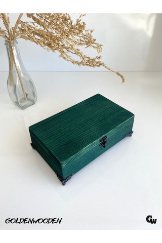 Doğal Ahşap Takı Kutusu Ahşap Saklama Kutusu Yeşil Beyaz Çam Boy:20cm En:12cm Yük:6,5cm