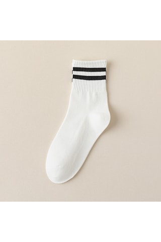 Monyee Kadınlar İçin Yüksek Kaliteli Pamuklu Orta Boylu, Isı Sağlayan, Konforlu Ve Dayanıklı Spor & Günlük Çorap - Beyaz Siyah Çubuklu - 1 Adet Beyaz Siyah Çizgi İle