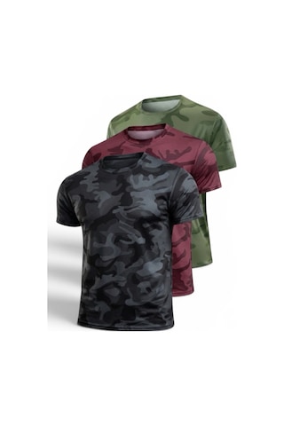 Serablanka 3'lü Erkek Nem Emici Hızlı Kuruma Atletik Teknik Kamuflaj Desenli Spor T-shirt Siyah-bordo-haki