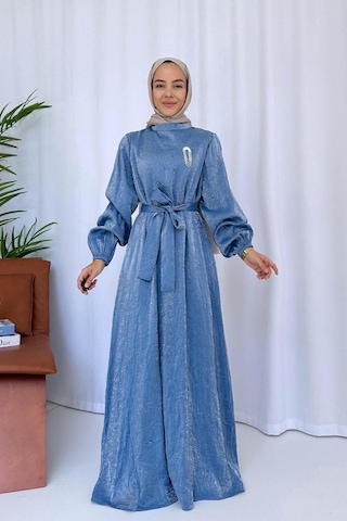 Broş Detay Elbise - Mavi