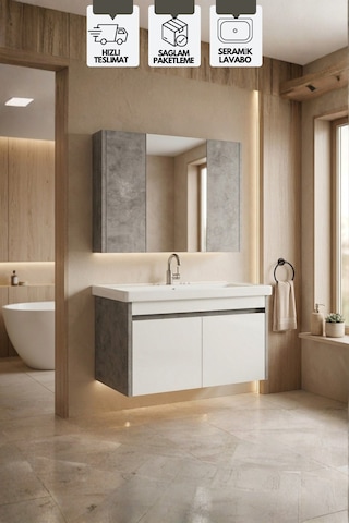 Retro 80 Cm Lavabolu, Aynalı Banyo Dolabı, Retro Gümüş-beyaz, Seramik Lavabo Dahil