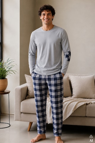 Koza İç Giyim Erkek Pamuklu Uzun Kollu Yamalı Ekose Desenli Pijama Takımı Ko60104 Mavi - Gri