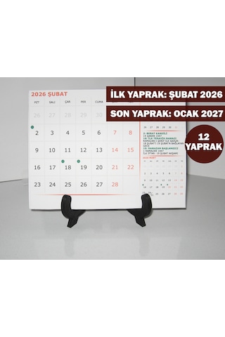 Şubat 2026 - Ocak 2027 Yılı Masa Takvimi 12 Yaprak Takvim Hicri Dini Günler Resmi Tatiller