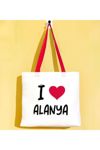 Bk Gift I Love Alanya Kırmızı Renkli Kulp Gabardin Bez Çanta 40x35cm, Baskılı Omuz Çantası, Alışveriş Çantası, Plaj Çantası Kobitmeyencom31758 Bk Gift Renkli Çok Renkli