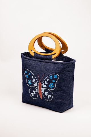 Fabric Craft Bag El Çantası Kot Kumaş Ahşap Saplı Kelebek Nakışlı İçi Astarlı Mıknatıslı 38x30 Cm Kot Lacivert