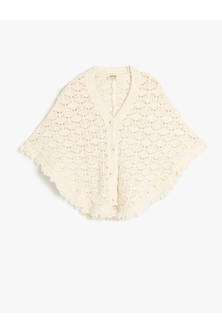 Koton Düğme Kapamalı V Yaka Püskül Detaylı Triko Panço Ekru 5skg90006at Ekru