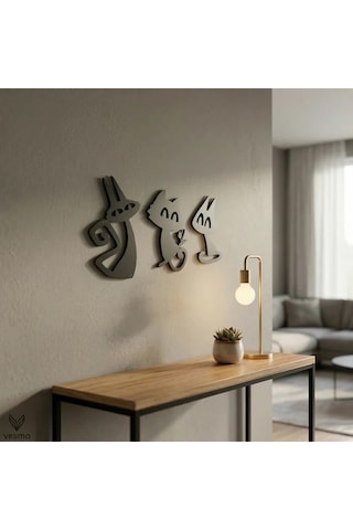 3 Lü Dekoratif Kedi Duvar Tablosu Mdf Lazer Kesim Modern Duvar Süsü Minimal Kedi Figürlü Dekor Düz Renkli