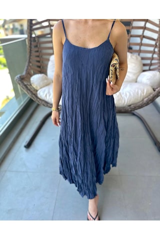 Keymoda Kadın Kırışık Desenli Askılı Elbise İndigo Indigo