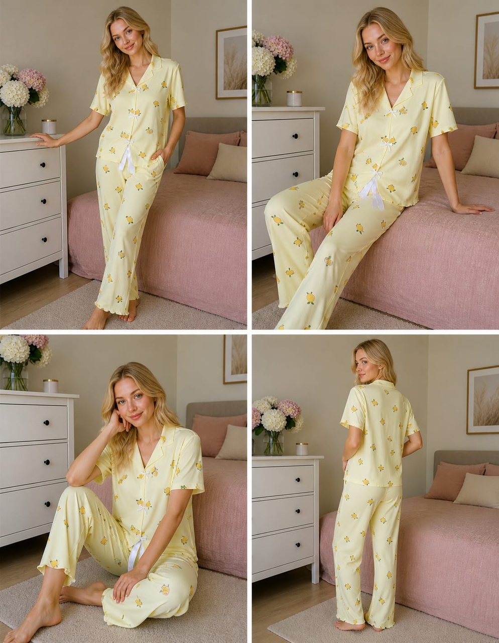 Esra Butik78 Milan Kumaş Yumuşak Dokulu Limon Baskılı Yazlık Pijama Takımı Sarı