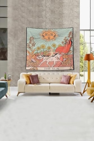 Ontheclouds Bej The Sun Tarot Kartı Leke Tutmaz Kadife Kumaş Duvar Örtüsü Duvar Halısı Tapestry, 70 X 70