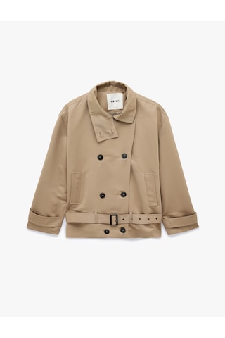 Koton Uzun Kollu Cepli Kemerli Düğmeli Kruvaze Dik Yaka Gabardin Kısa Oversize Trençkot Vizon 7wak00157ew