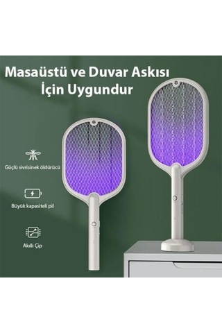 Coofbe Çok Katmanlı Uv Işıklı Şarjlı 3000v Elektrikli Sivrisinek Öldürücü Sinek Kovucu Raket Beyaz
