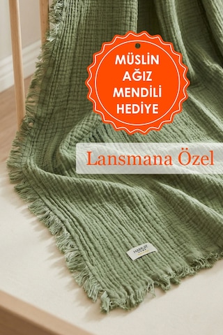 Bebek 4 Katlı Müslin Pike Örtü %100 Pamuk 2'li Ağız Bezi Hediyeli Yenidoğan 85x100 Battaniye Yeşil