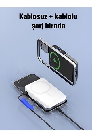 10000mah 30w Hızlı Şarjlı Dijital Göstergeli Taşınabilir Kablosuz Magsafe Powerbank Beyaz Beyaz