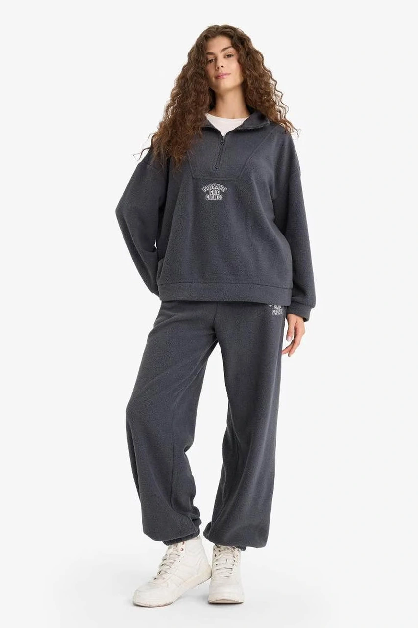 Defacto Oversize Dik Yaka Fermuarlı Baskılı Polar Antrasit Kadın Sweatshirt Y2649az/ar191 Antrasit