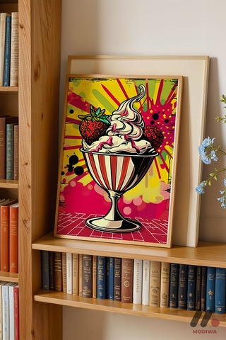 Dondurma Pop Art, Ahşap Çerçeveli Duvar Tablosu - Renkli Ev Dekorasyonu