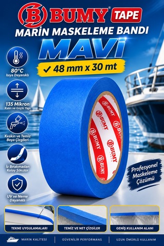 Bumy Mavi Maskeleme Bandı 48 Mm X 30 Metre Marin Boya Bantı Isıya Dayanıklı Bant Kağıt Bantları