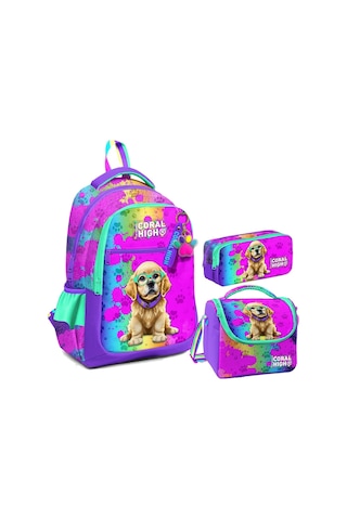 Coral High Kız Çocuk Üç Gözlü İlkokul Çanta Seti - Mor Pembe Köpek Desenli