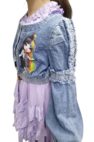 Kız Çocuk Yakası Fırfırlı Kot Ceket Lila Renk İkili Takım Elbise Lila