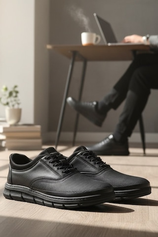 Enoch Hakiki Deri Siyah Lastikli Erkek Sneaker Ayakkabı Ortopedik Taban Siyah