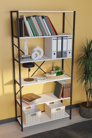 Dekoratif Metal Kitaplık 6 Raflı Kitaplık Dosya Rafı 180 Cm Beyaz