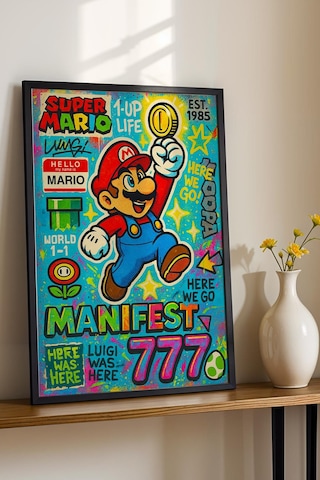 Super Mario Çerçeveli Tablo Manifest 777 Gamer Arkadaşa Hediye Street Art