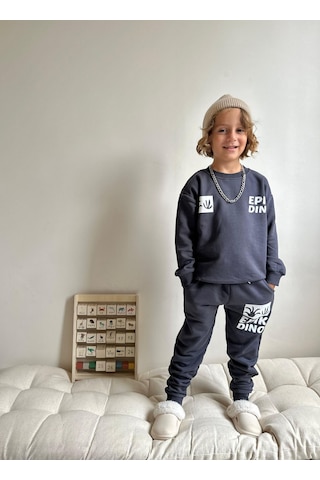 Jolly Kids Erkek Çocuk Yazı Baskılı Sweatshirt Takım Koyu Gri