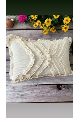 Dnc Home Tekstil Ndchome Çoklu Püsküllü Krem Keten Kırlent Kırlent Kılıfı 35 X 55